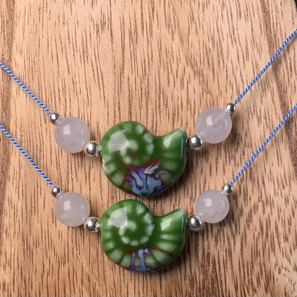 Handmade Necklace with Porcelain Nautilus Shell & White Jade Beads - 1 piece